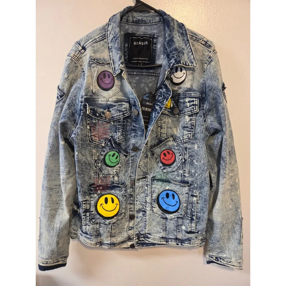 NEW WITH TAGS  Reason Clothing Smiley Face Multi-Pocket Distressed Denim Jacket